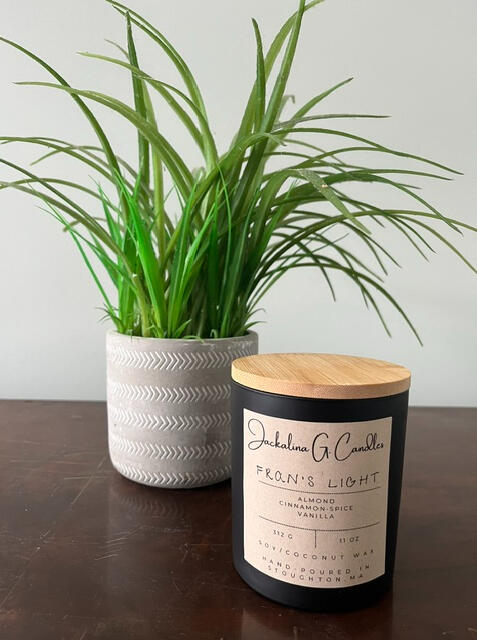 Image is of a candle labeled Fran's Light